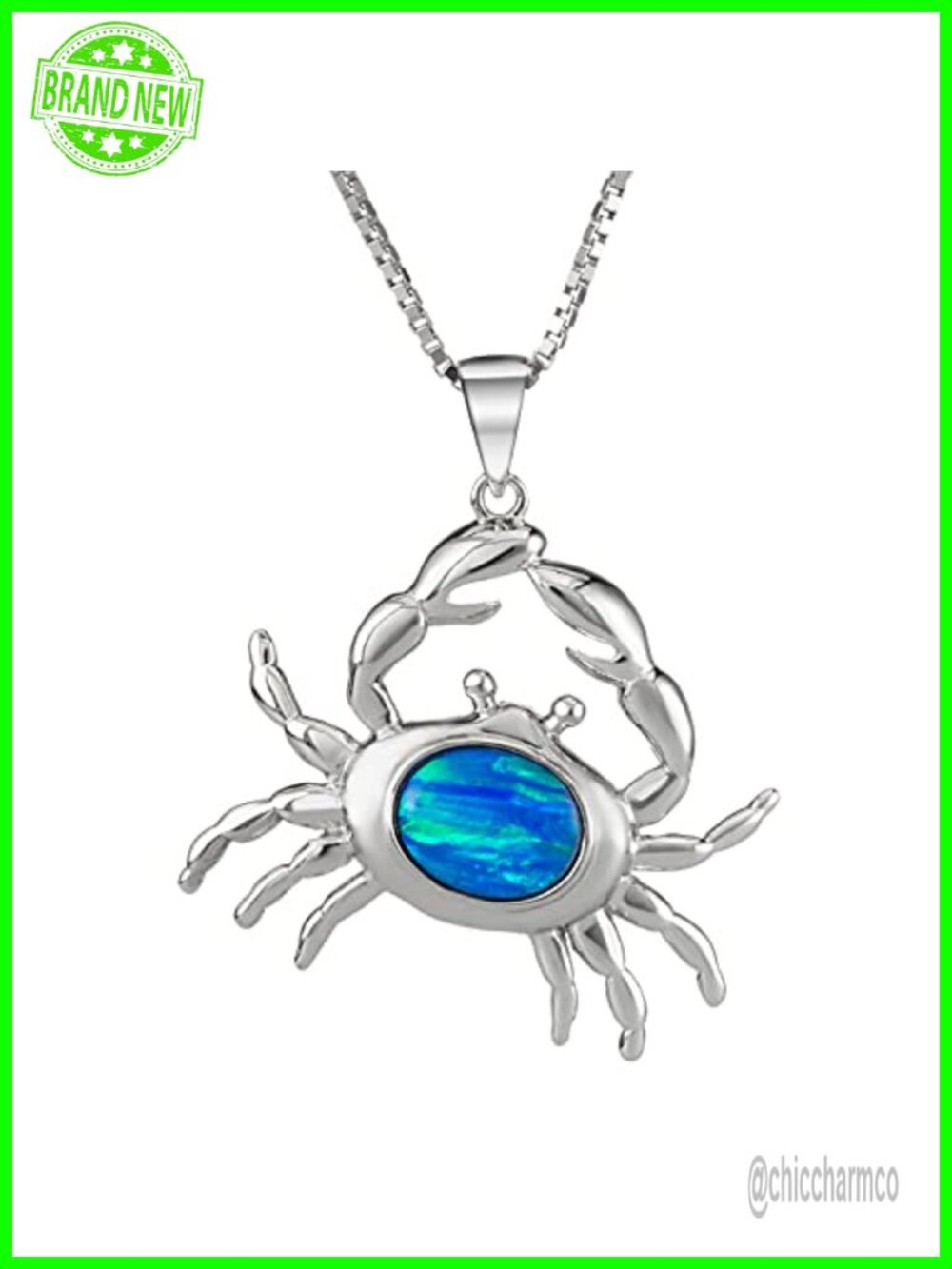 Sterling Silver Created Blue Opal Crab Necklace Pendant 18" Box Chain